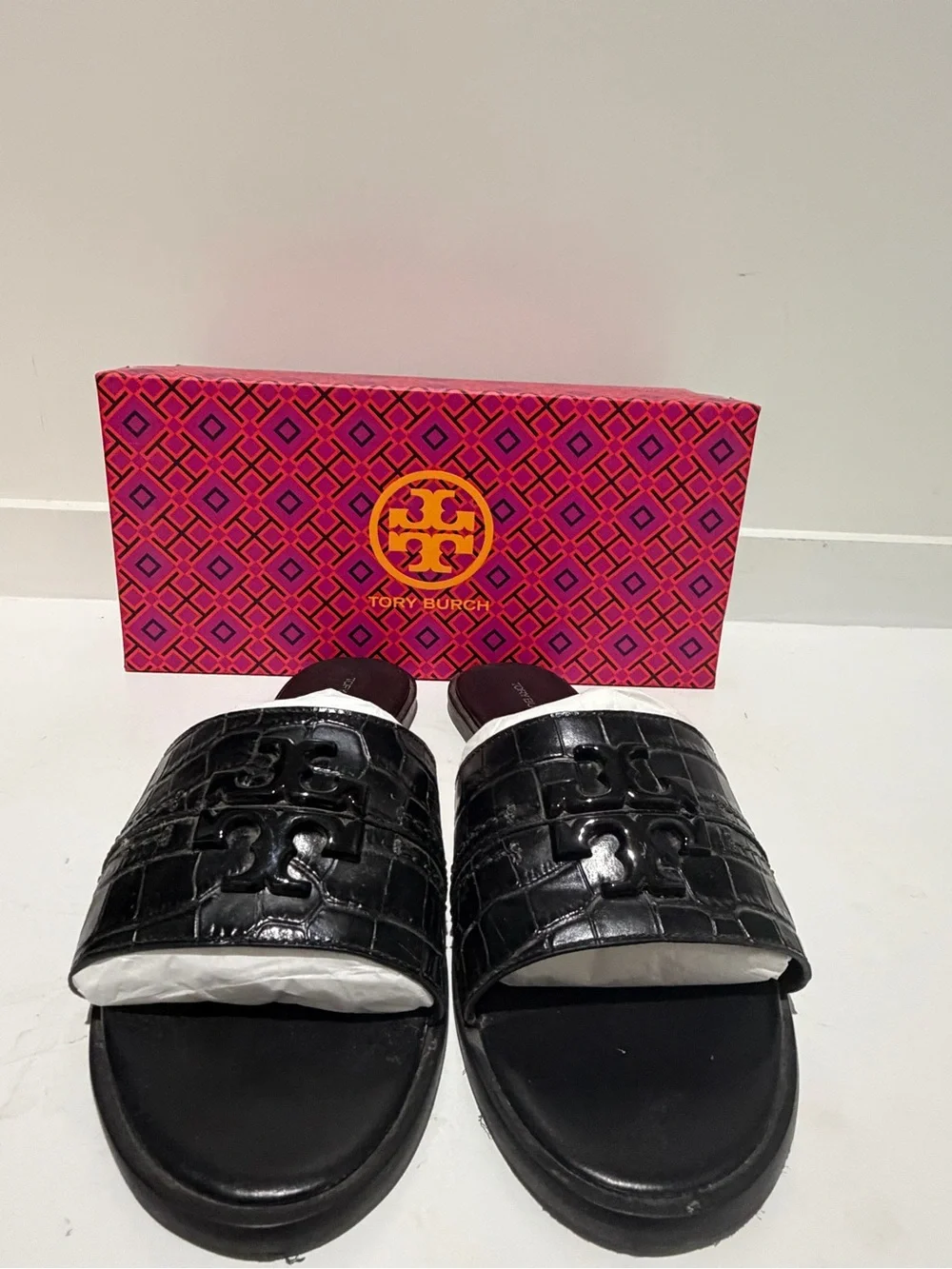Tory Burch Black Croc-Embossed Slide Mules